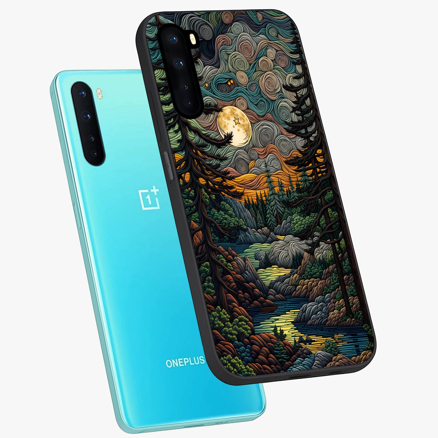 Moonlight Forest Dream Glass Case displayed in angled mockup highlighting dreamy forest design with glowing moon aesthetic.