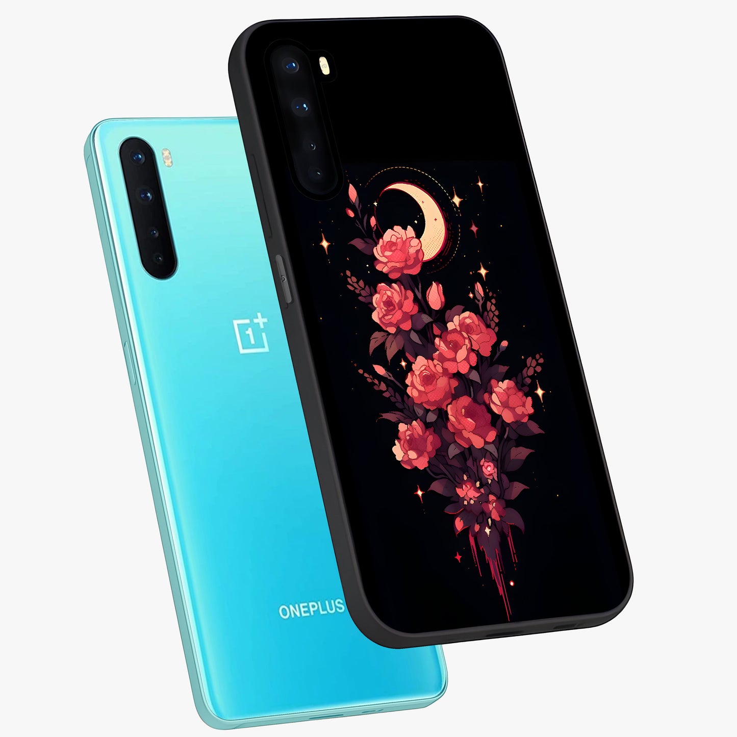 Moonlit Floral Elegance Glass Case displayed in angled mockup highlighting graceful flower design with soft moonlight aesthetic.