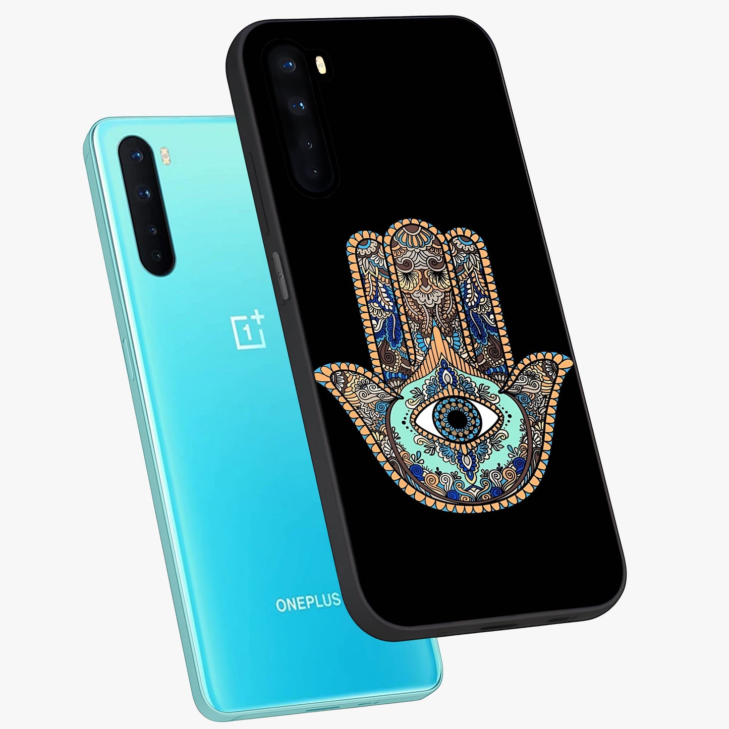 Mystic Hamsa Eye Glass Case displayed in angled mockup highlighting spiritual hamsa symbol with mystical aesthetic style.
