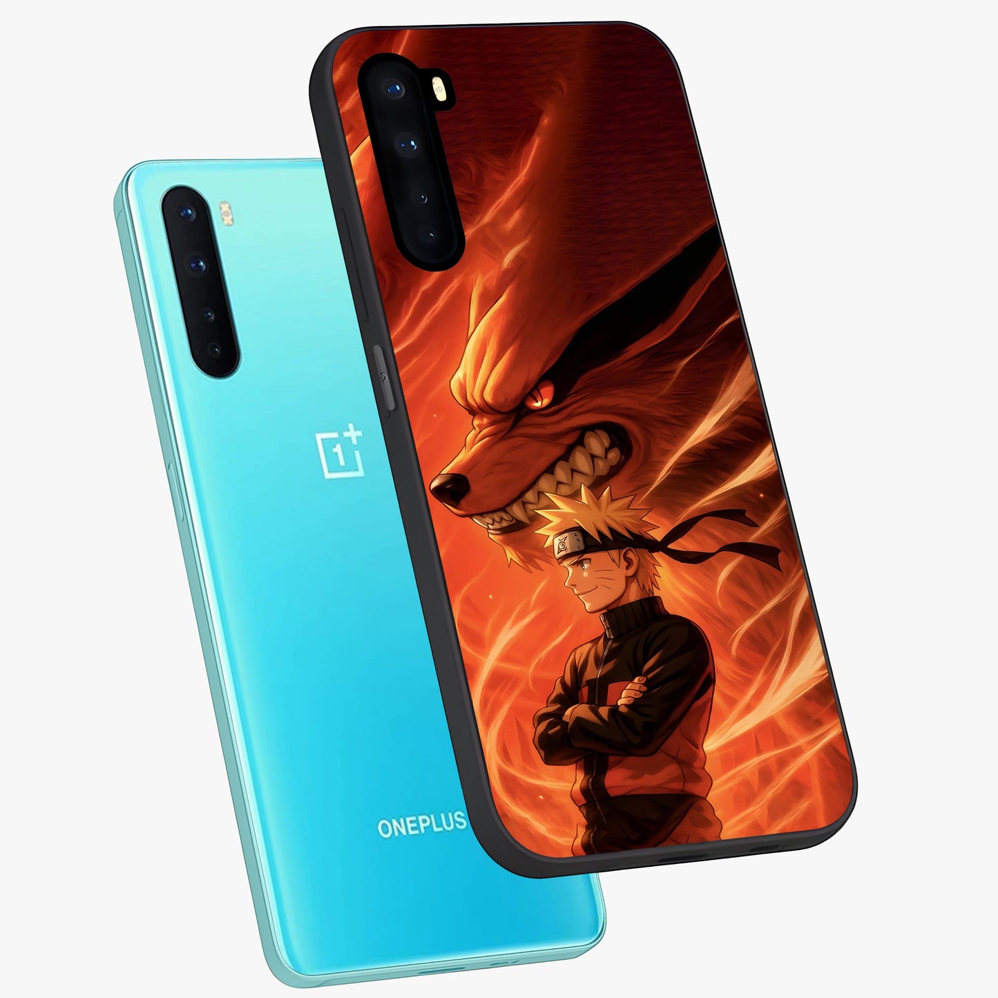 Nine Tails Legacy Glass Case displayed in angled mockup highlighting dynamic anime beast illustration with bold mystical aesthetic.