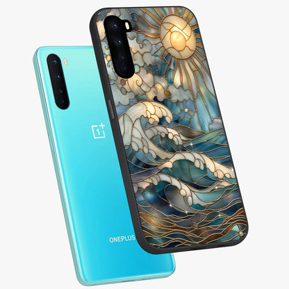 Oceanic Stained Printed Glass Case displayed in angled mockup highlighting colorful aquatic design with artistic aesthetic style.