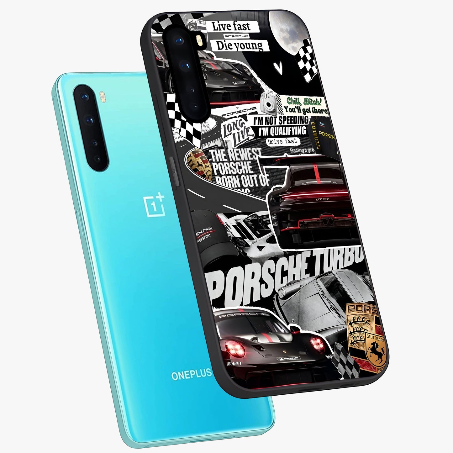 Porsche Racing Collage Glass Case displayed in angled mockup highlighting dynamic automotive design with bold racing aesthetic.