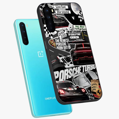 Porsche Racing Collage Glass Case displayed in angled mockup highlighting dynamic automotive design with bold racing aesthetic.