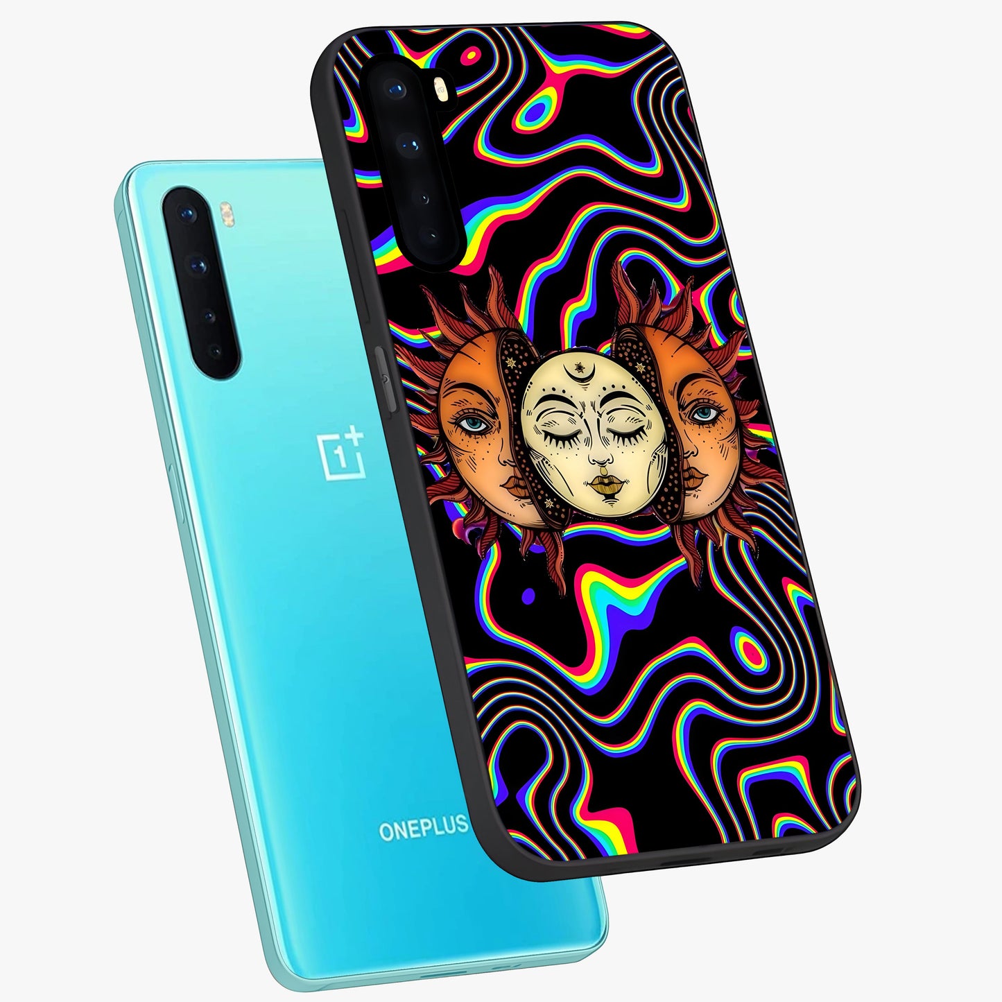 Psychedelic Sun Glass Case displayed in angled mockup highlighting vibrant abstract sun design with artistic aesthetic style.