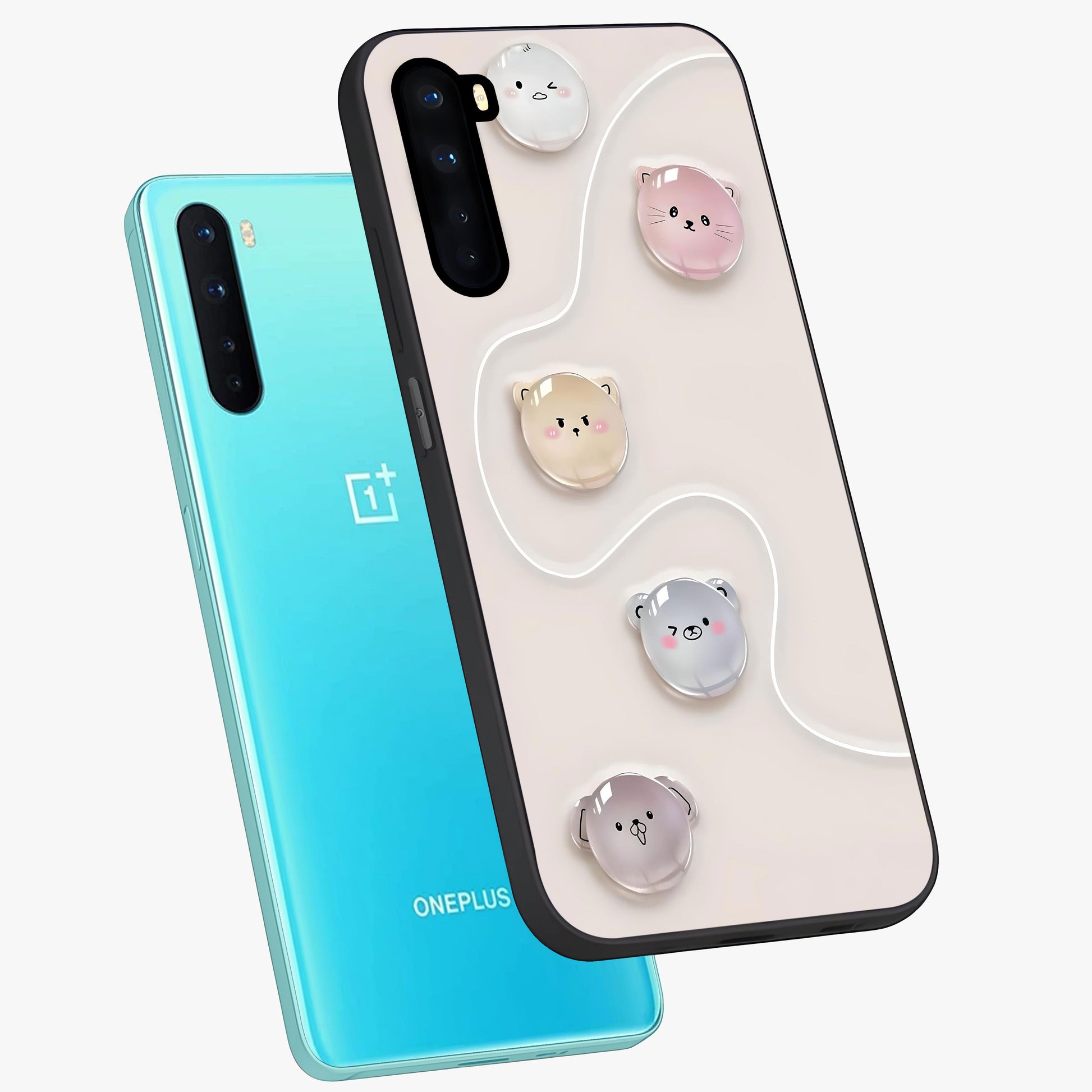 Puffy Face Parade Glass Case displayed in angled mockup highlighting playful cartoon face design with fun aesthetic.