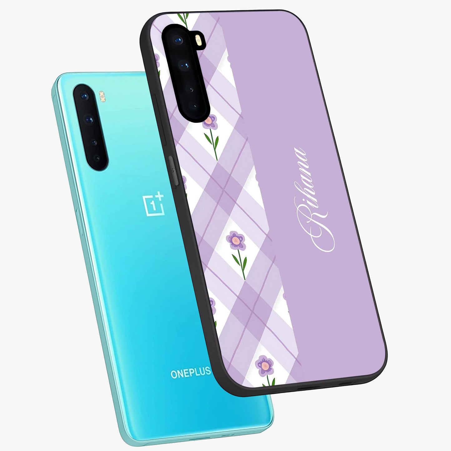 Purple Diamond Floral Glass Case displayed in angled mockup highlighting elegant purple flower design with decorative pattern.