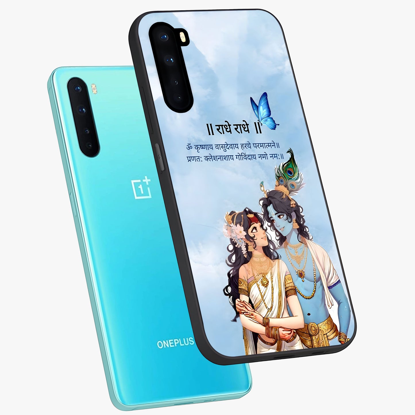 Radha Krishna Eternal Glass Case displayed in angled mockup highlighting divine Radha Krishna illustration with spiritual aesthetic.
