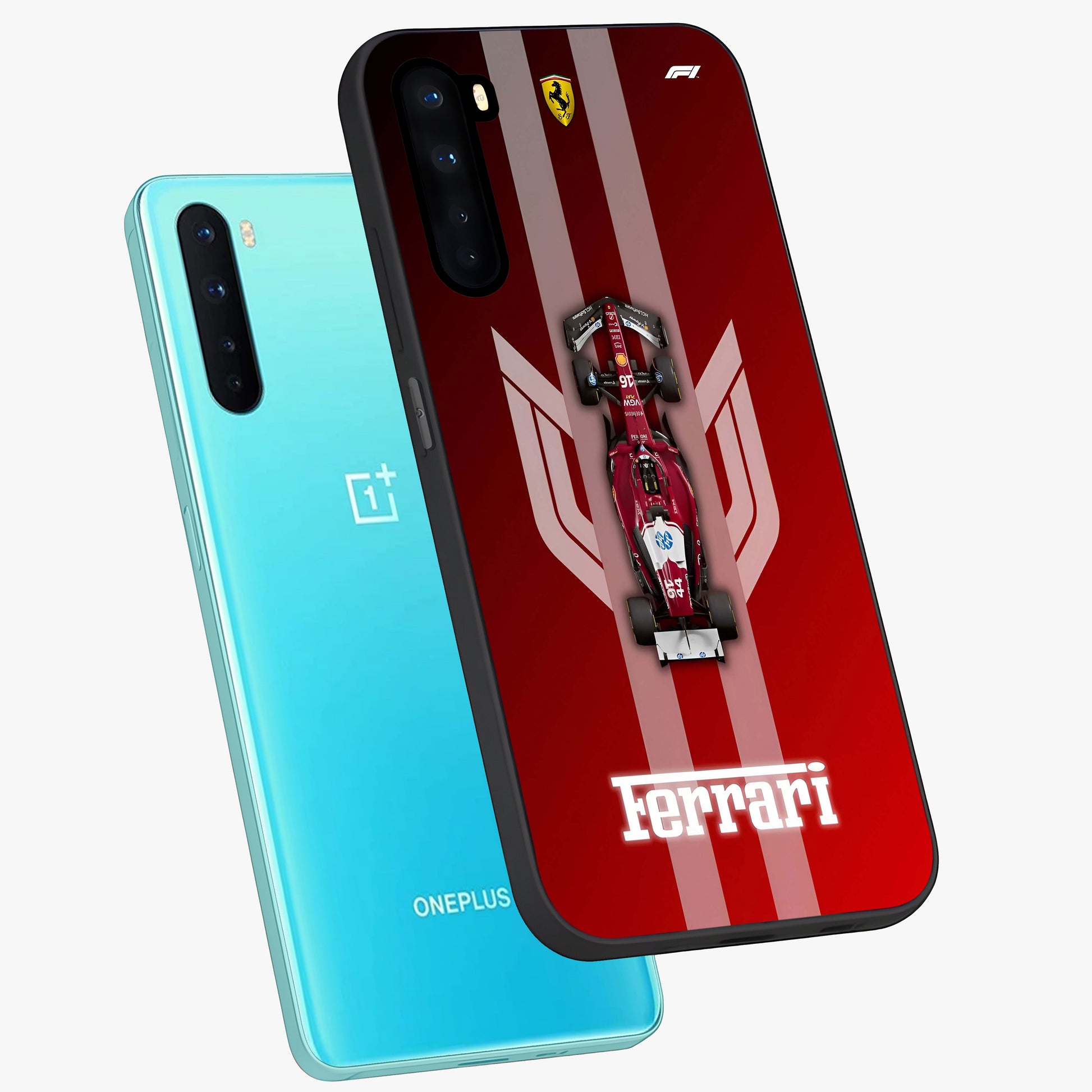 Red Ferrari F1 Vertical Glass Case displayed in angled mockup highlighting high speed racing design with bold automotive aesthetic.