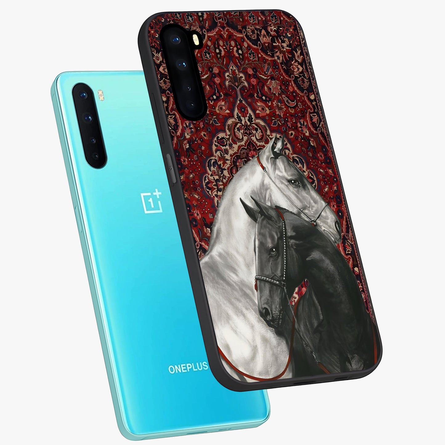 Regal Stallion Tapestry Glass Case displayed in angled mockup highlighting royal stallion design with decorative heritage aesthetic.