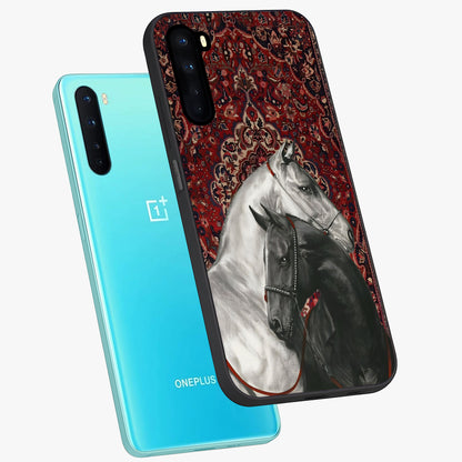 Regal Stallion Tapestry Glass Case displayed in angled mockup highlighting royal stallion design with decorative heritage aesthetic.