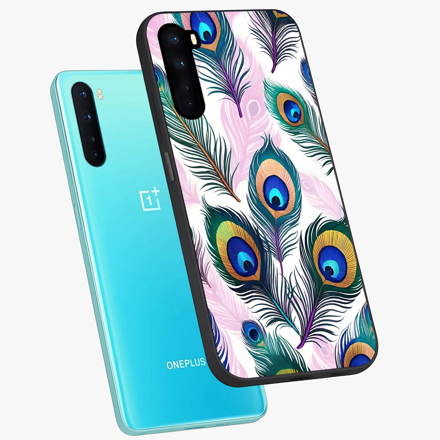 Royal Peacock Feathers Glass Case displayed in angled mockup highlighting vibrant feather pattern with regal aesthetic style.