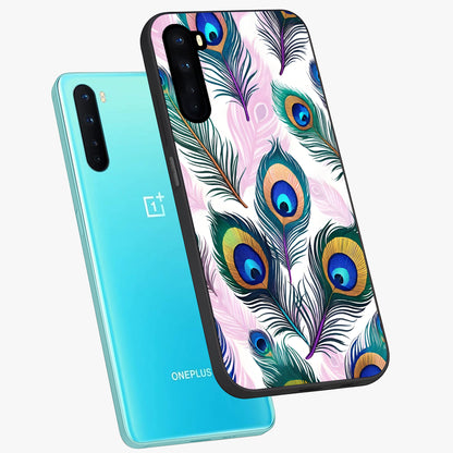 Royal Peacock Feathers Glass Case displayed in angled mockup highlighting vibrant feather pattern with regal aesthetic style.