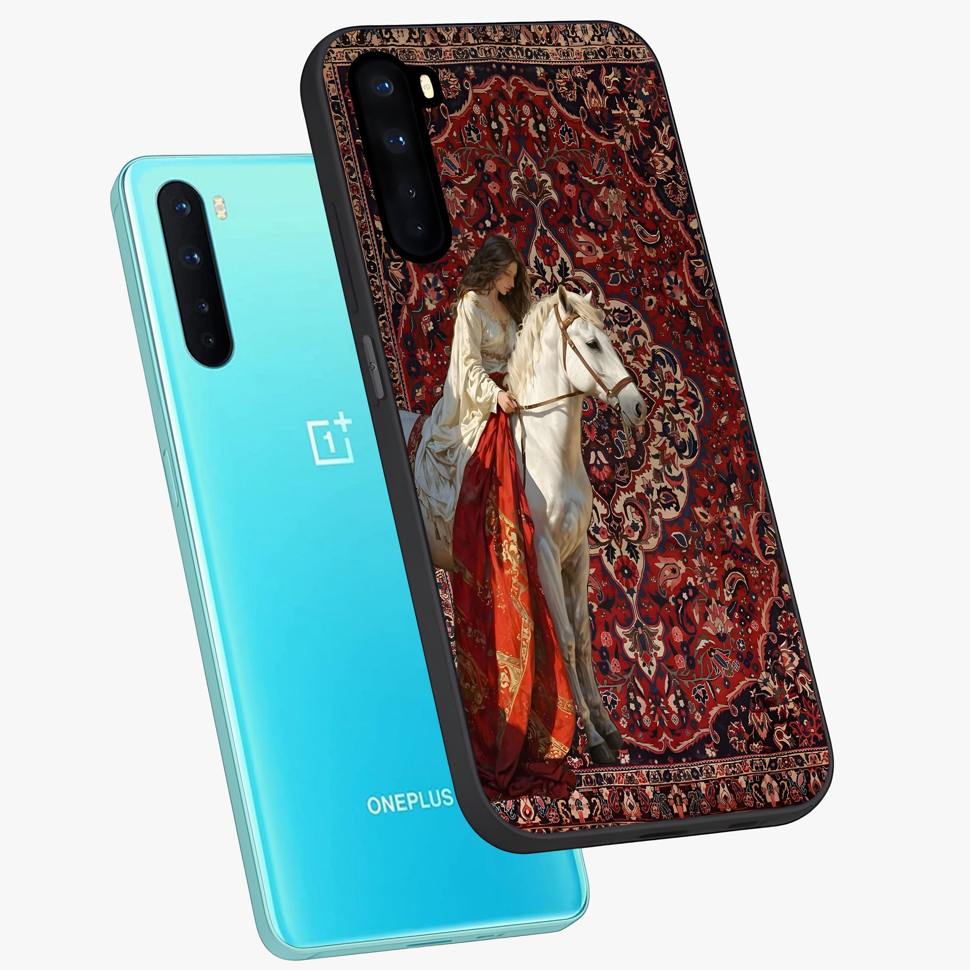 Royal Rider Tapestry Glass Case displayed in angled mockup highlighting traditional tapestry design with royal heritage aesthetic.