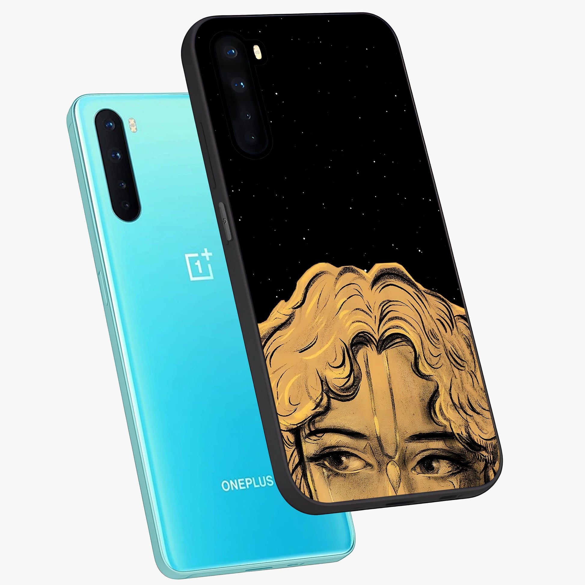 Shri Krishna Art Glass Case displayed in angled mockup highlighting spiritual Krishna illustration with divine aesthetic.