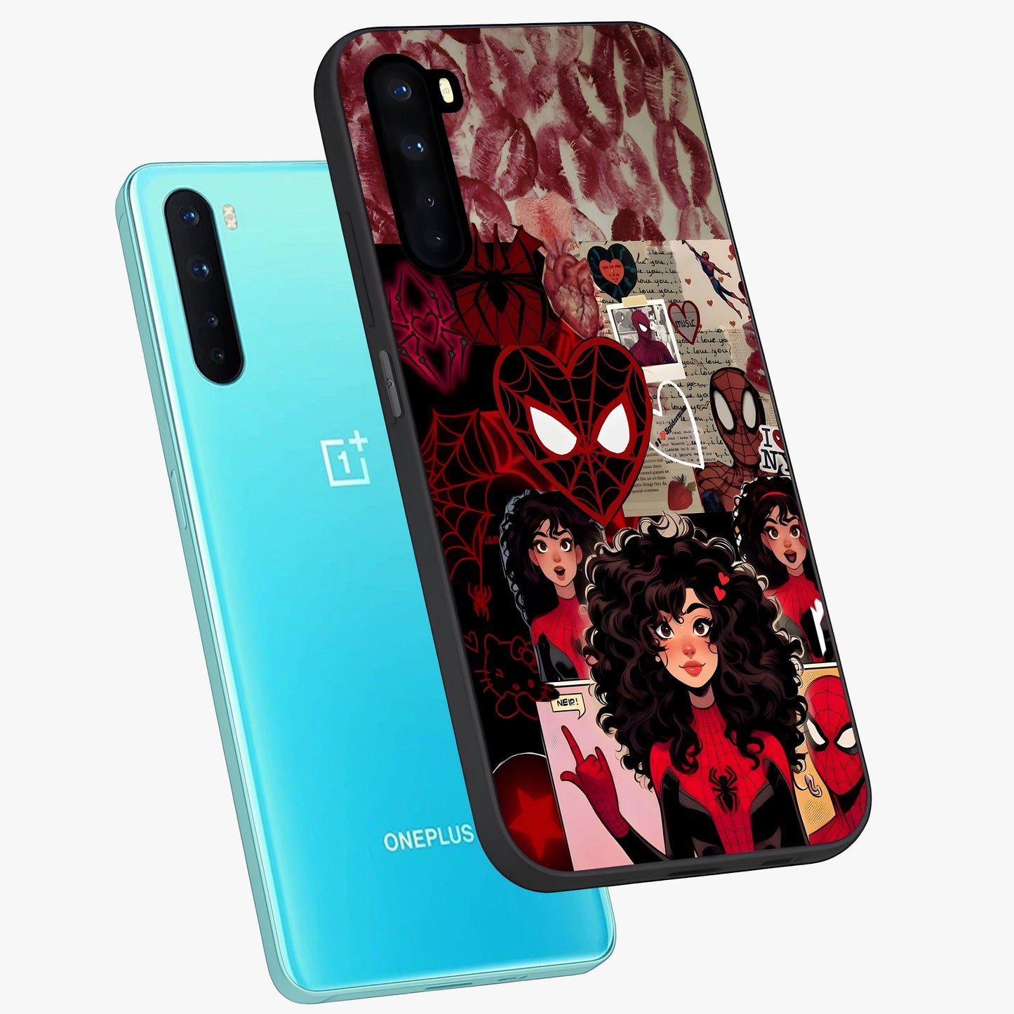 Spider Love Story Glass Case displayed in angled mockup highlighting expressive comic inspired design with playful aesthetic.