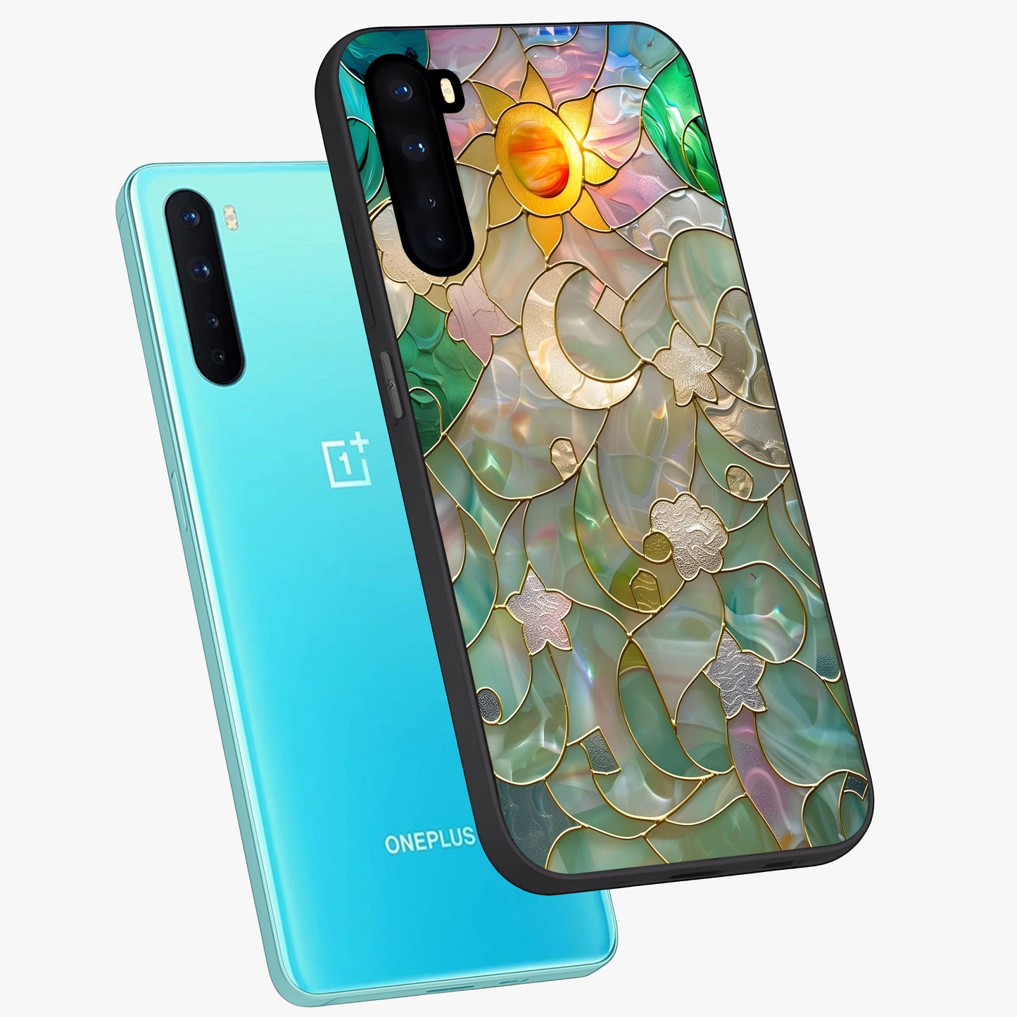 Stained Sunrise Glow Glass Case displayed in angled mockup highlighting radiant sunrise design with artistic aesthetic style.