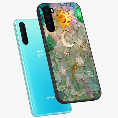 Stained Sunrise Glow Glass Case displayed in angled mockup highlighting radiant sunrise design with artistic aesthetic style.