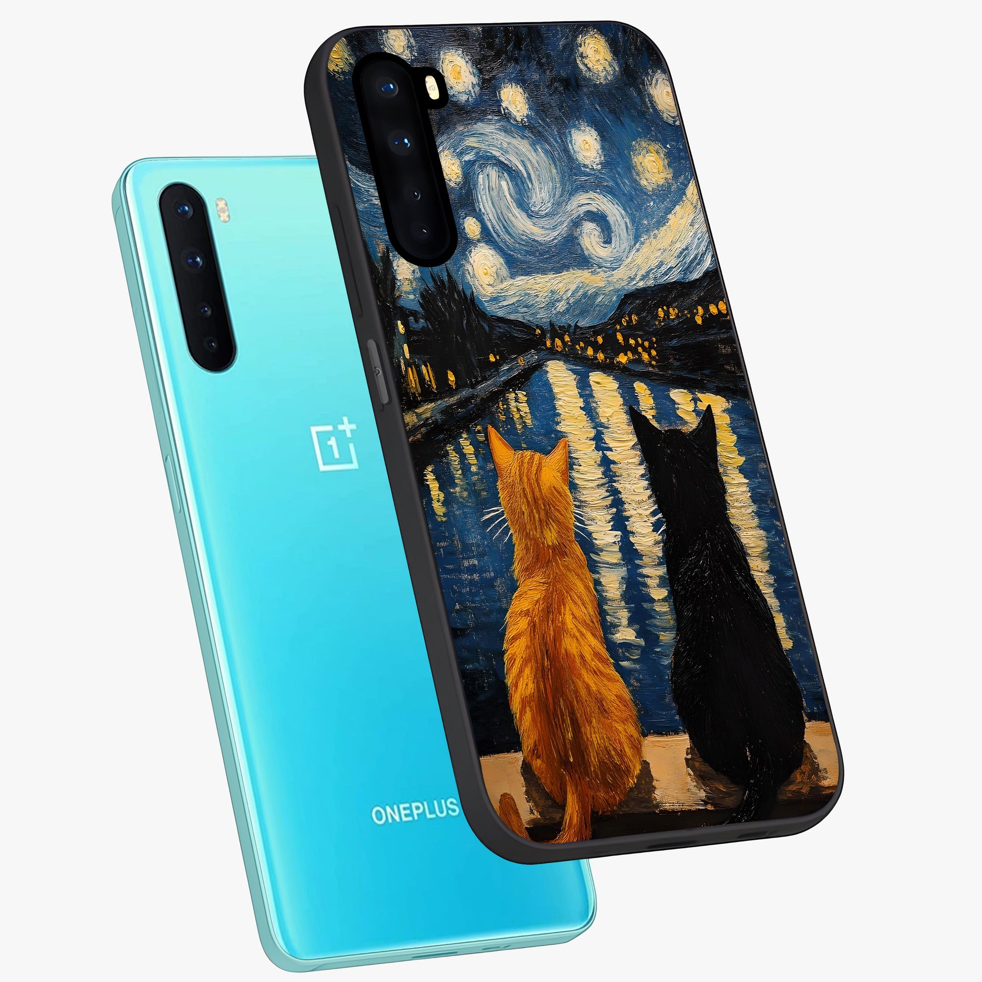 Starry River Cats Glass Case displayed in angled mockup highlighting charming feline illustration with dreamy night aesthetic.