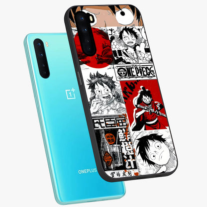 Strawhat Chaos Panels Glass Case displayed in angled mockup highlighting vibrant anime collage design with action aesthetic.