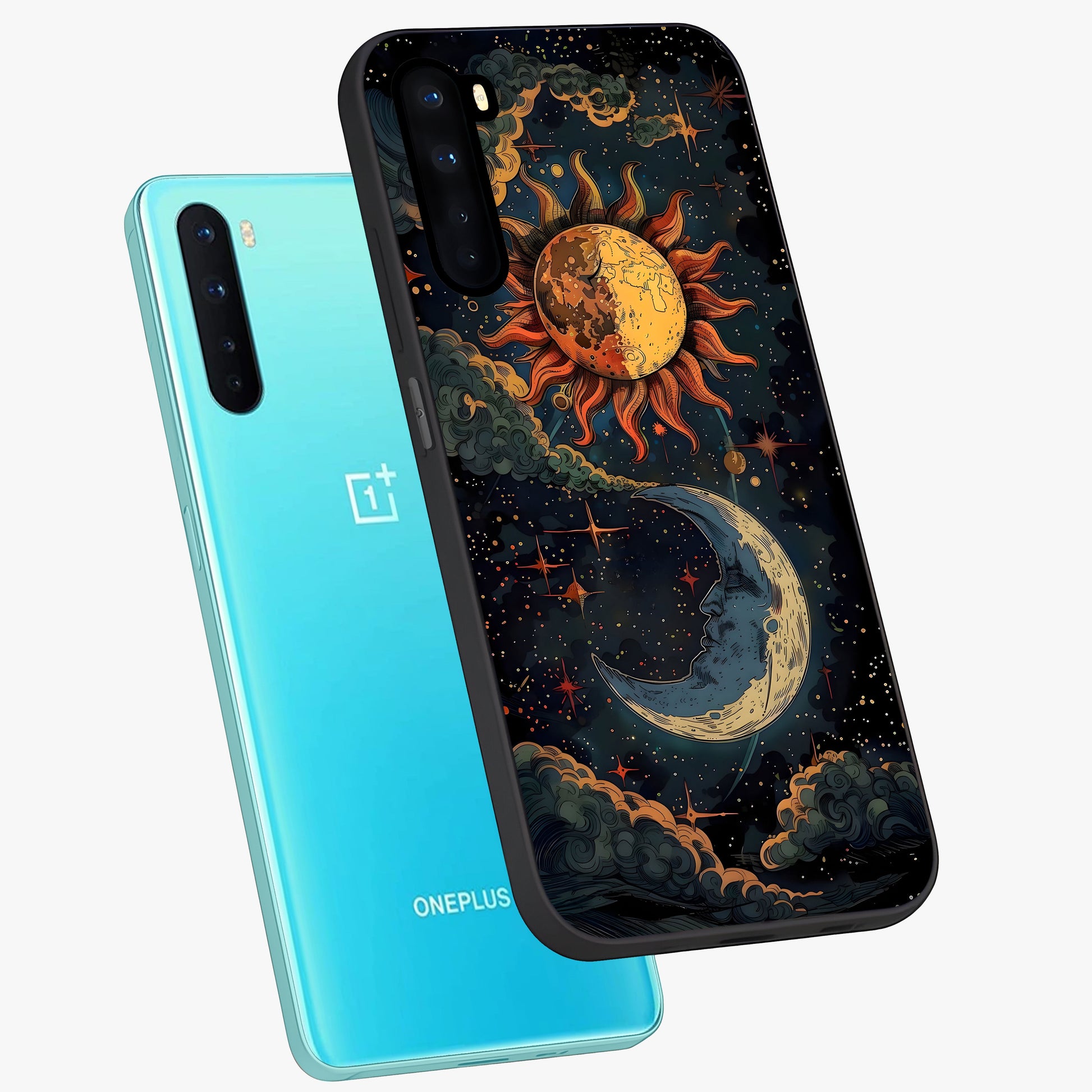 Sun And Moon Magic Design Glass Case displayed in angled mockup highlighting celestial design with magical cosmic aesthetic.
