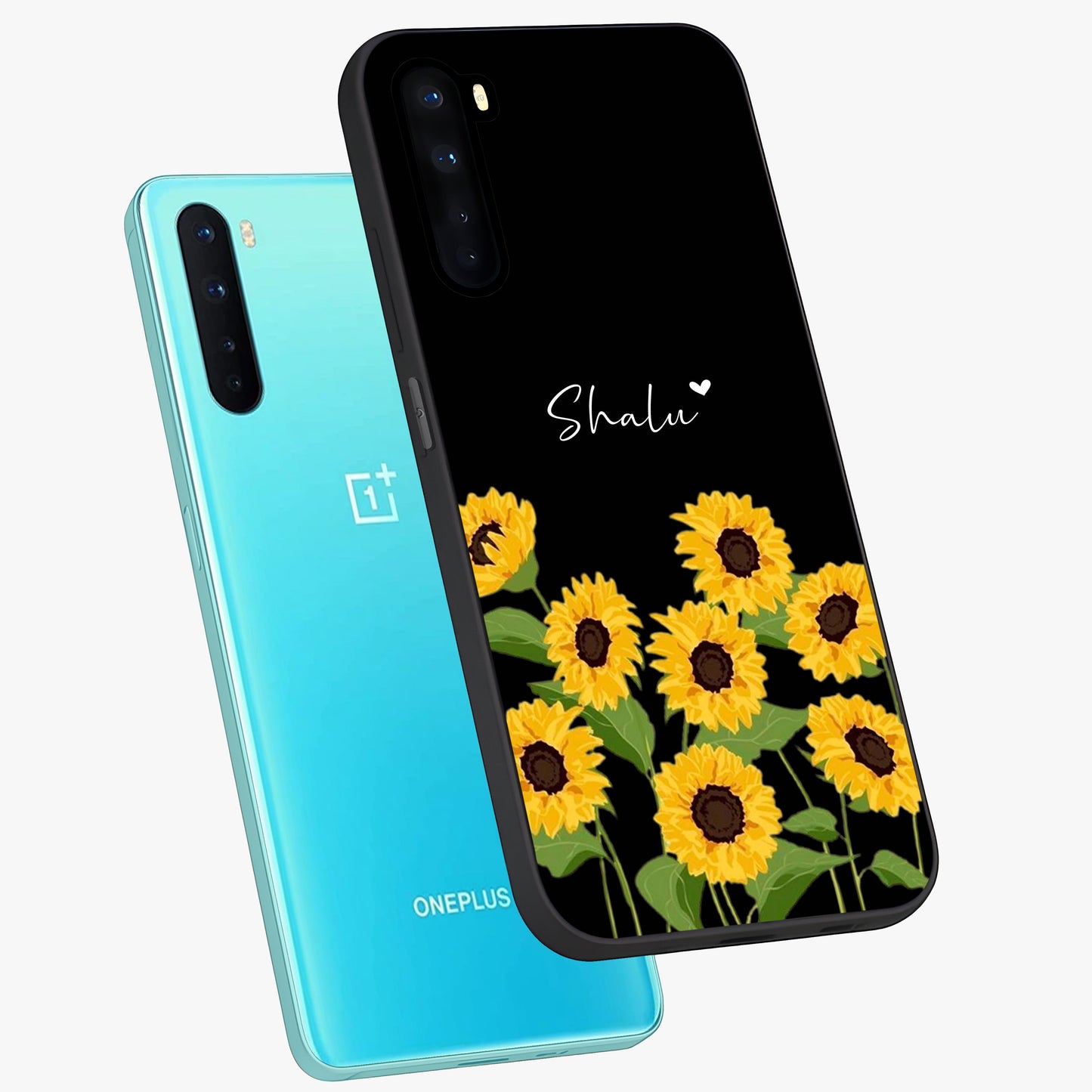 Sunflower Chic Mood Custom Name Glass Case displayed in angled mockup highlighting vibrant sunflower design with custom name feature.