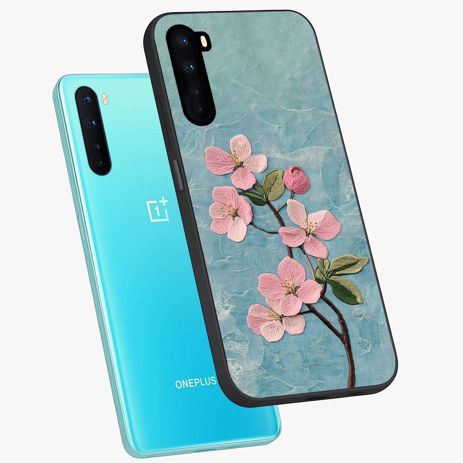 Threaded Blossom Breeze Glass Case displayed in angled mockup highlighting elegant floral design with soft aesthetic style.