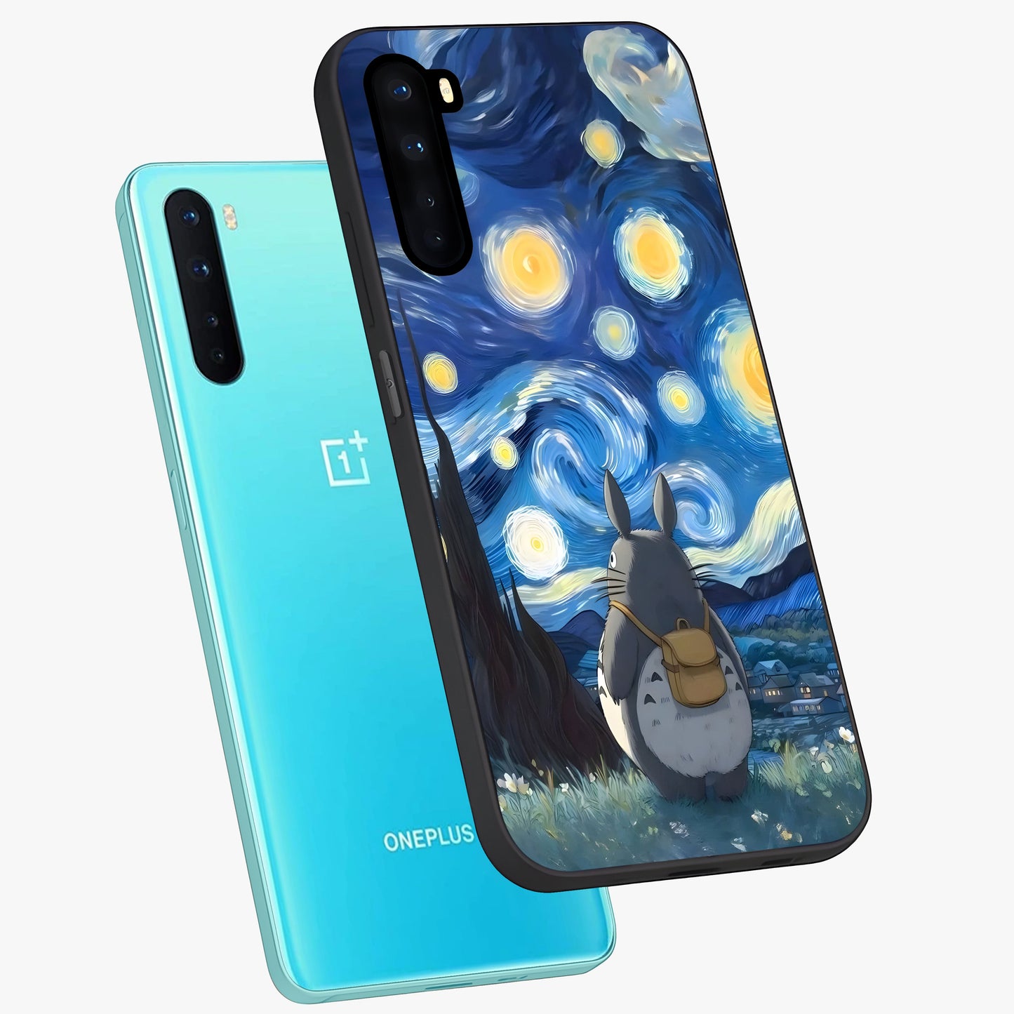 Totoro In Van Gogh Art Glass Case displayed in angled mockup highlighting artistic swirling sky design with playful animation aesthetic.
