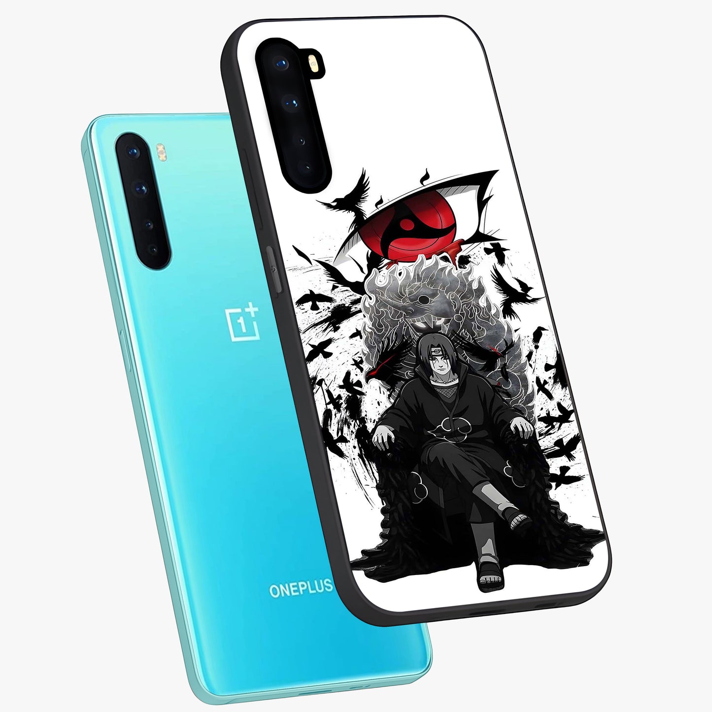 Uchiha Shadow Throne Glass Case displayed in angled mockup highlighting glowing aquatic design with celestial aesthetic.