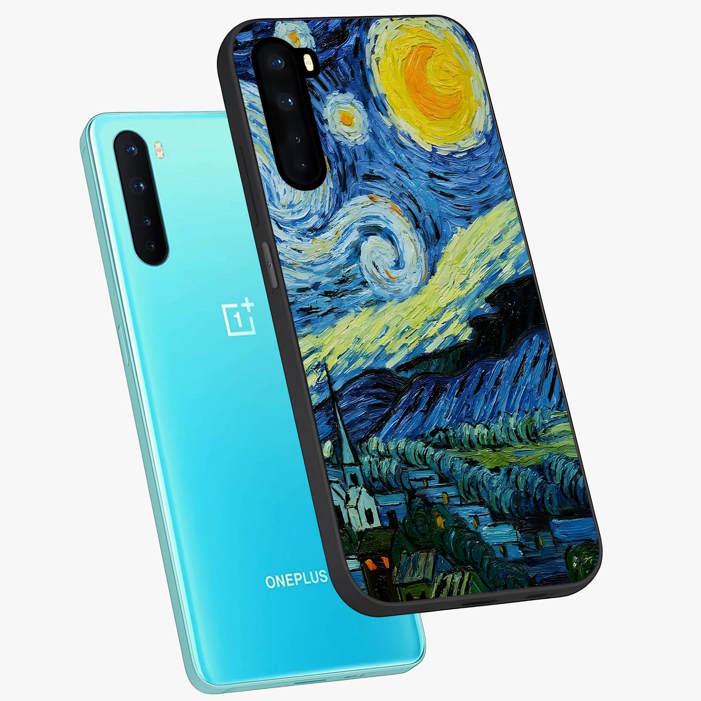 Van Gogh Art Glass Case displayed in angled mockup highlighting swirling brushstroke design with artistic aesthetic.