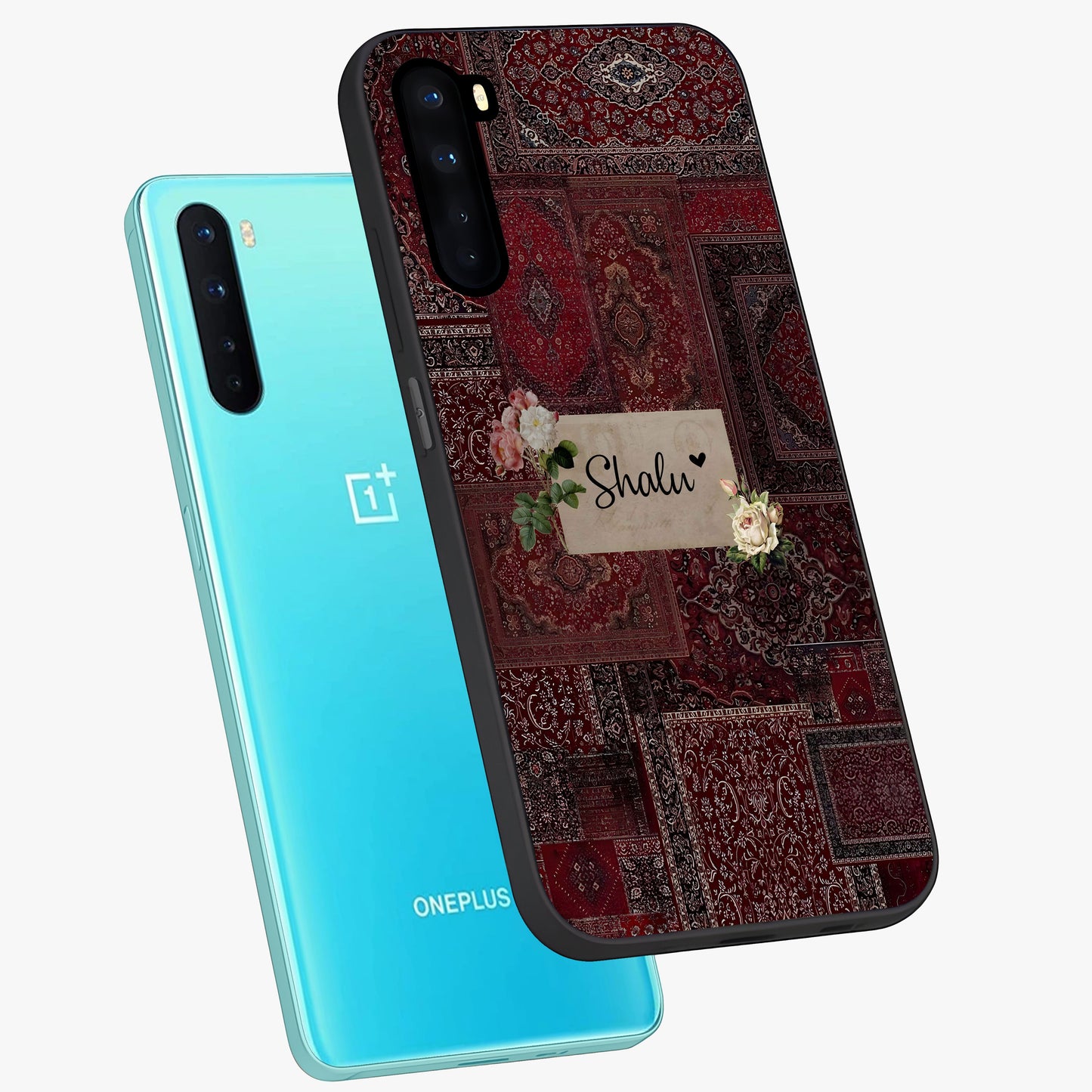 Velvet Wine Pattern Custom Name Glass Case displayed in angled mockup highlighting decorative velvet inspired design with custom name feature.