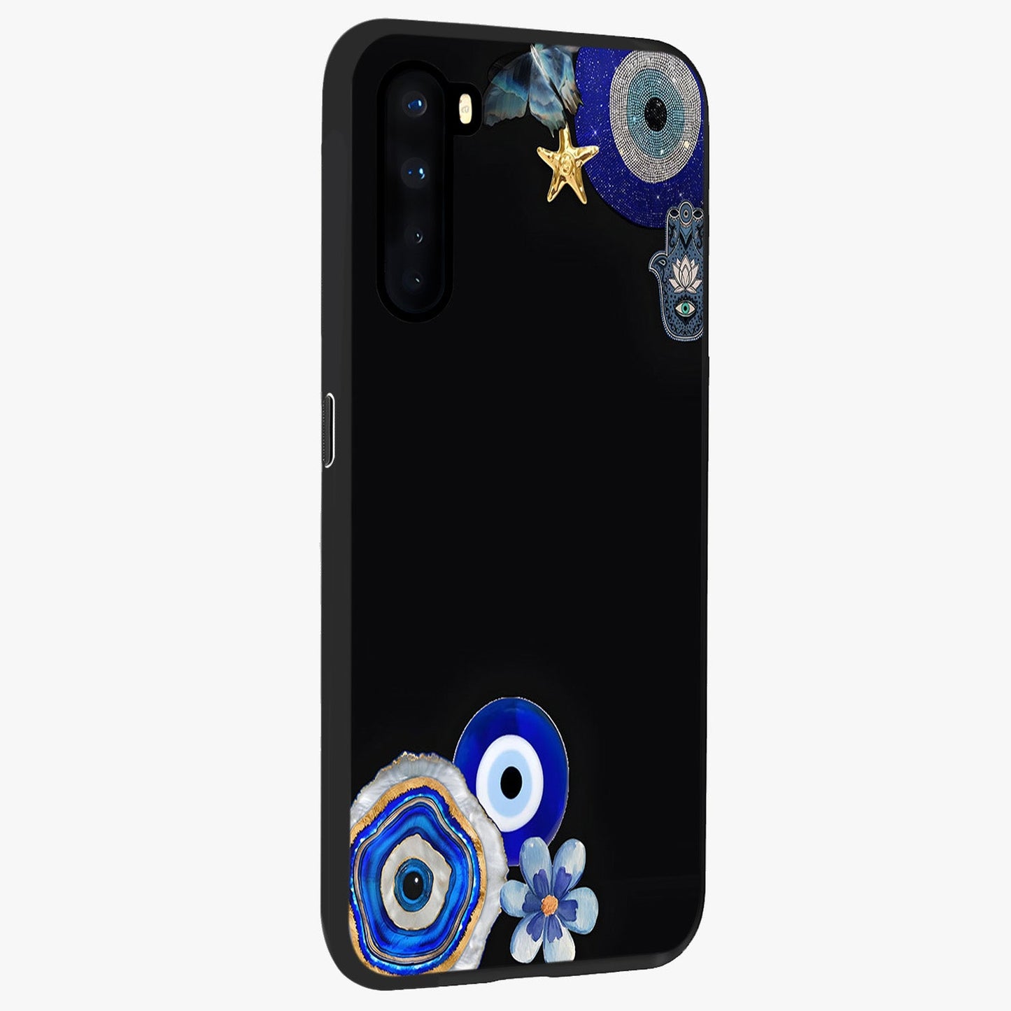 Aesthetic Blue Evil Eye Glass Case upright view showcasing mystical evil eye graphic with minimal aesthetic style.