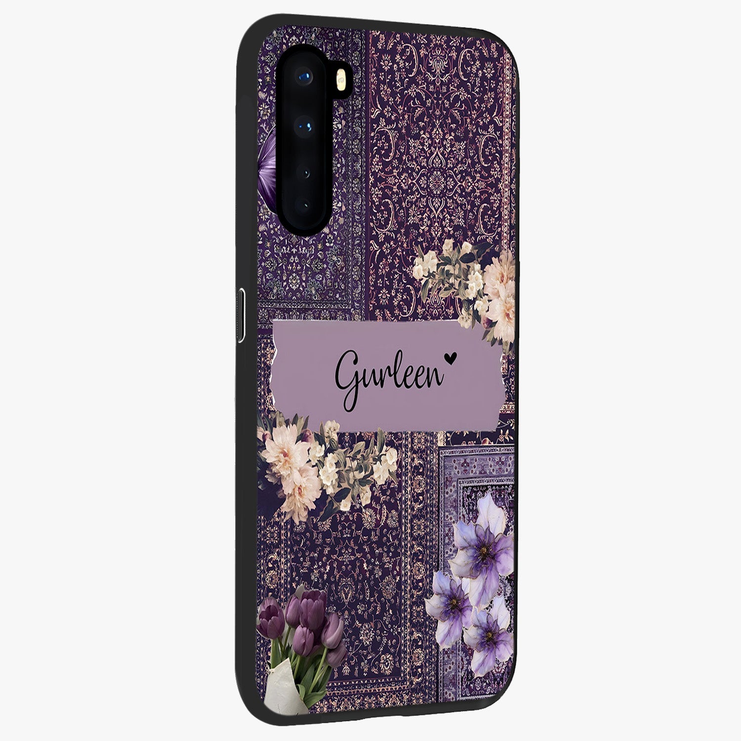 Antique Floral Whisper Custom Name Glass Case upright view showcasing delicate floral artwork with custom name feature.