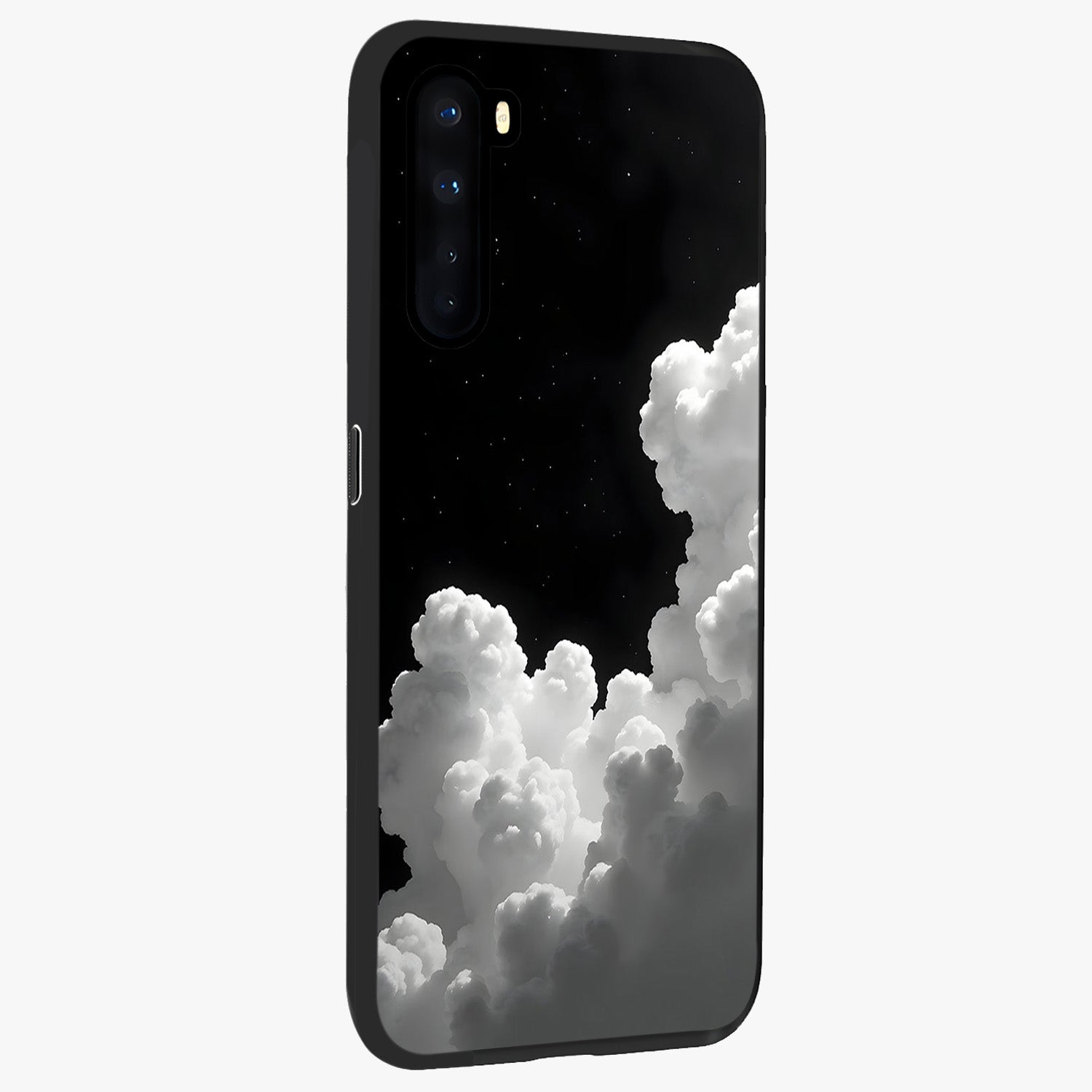 Black Background With White Cloud Glass Case upright view showcasing calm cloud aesthetic with modern minimal style.