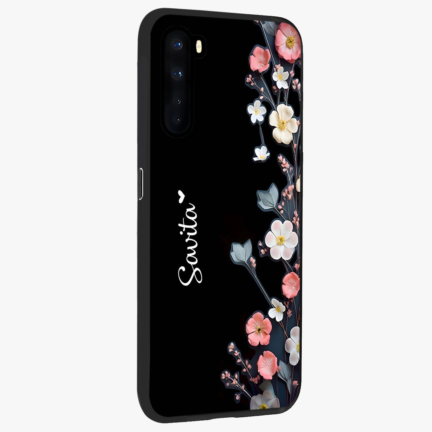 Black Elegance Floral Custom Name Glass Case upright view showcasing luxurious black floral design with personalized name detail.