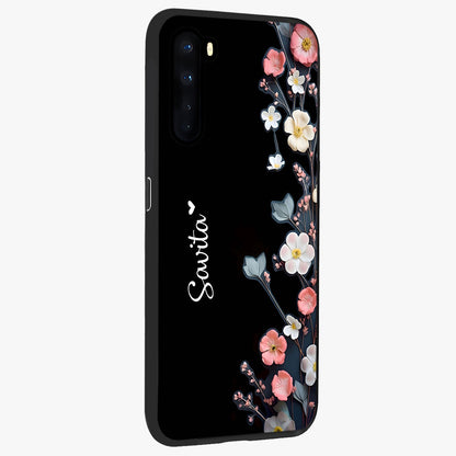 Black Elegance Floral Custom Name Glass Case upright view showcasing luxurious black floral design with personalized name detail.