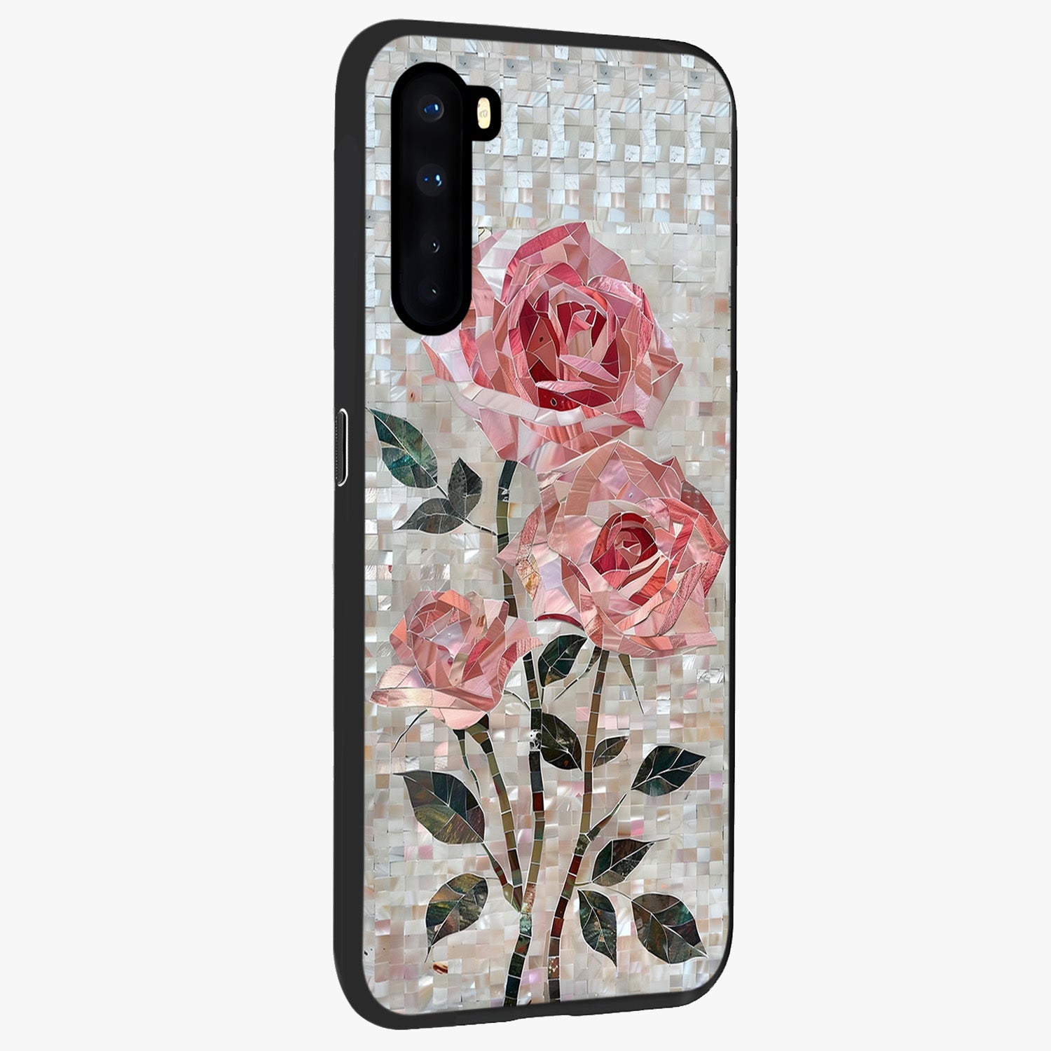 Blush Mosaic Bloom Glass Case upright view showcasing decorative floral mosaic artwork with stylish modern aesthetic.