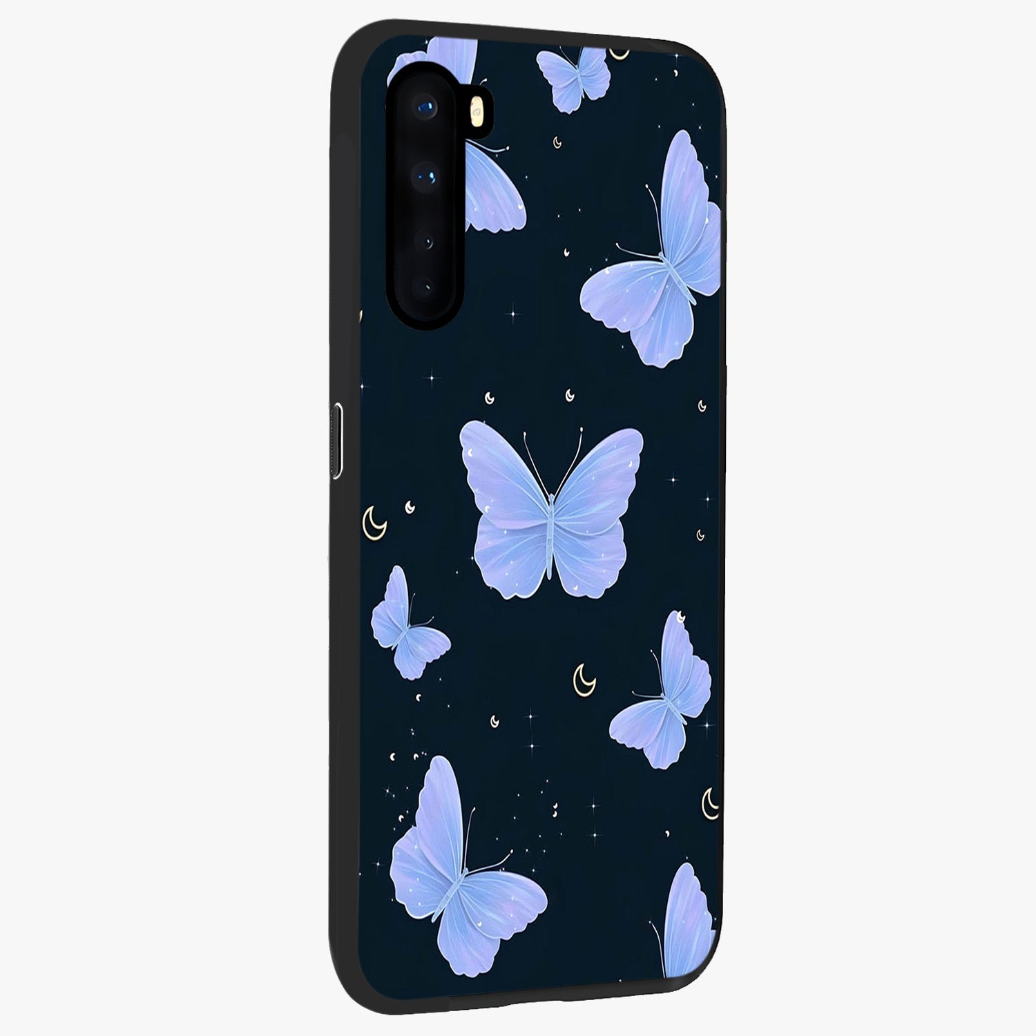 Butterfly With Stars Pattern Glass Case upright view showcasing celestial butterfly artwork with sparkling star elements.