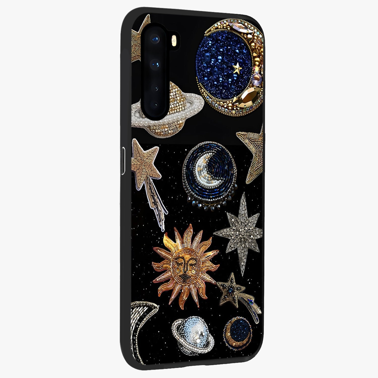 Celestial Gem Constellations Glass Case upright view showcasing cosmic constellation artwork with celestial aesthetic style.