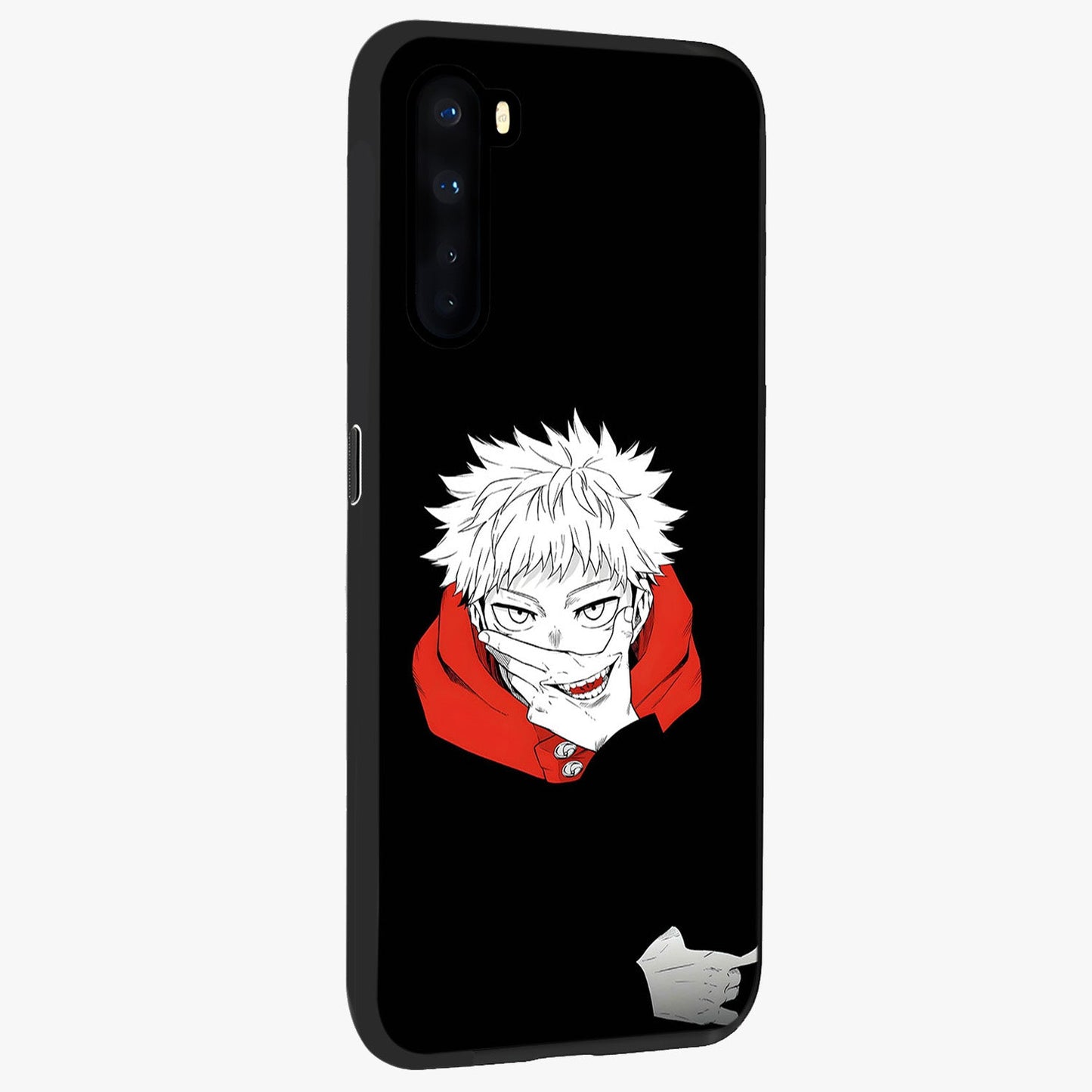 Crimson Chaos Smile Glass Case upright view showcasing expressive chaotic artwork with striking visual theme.