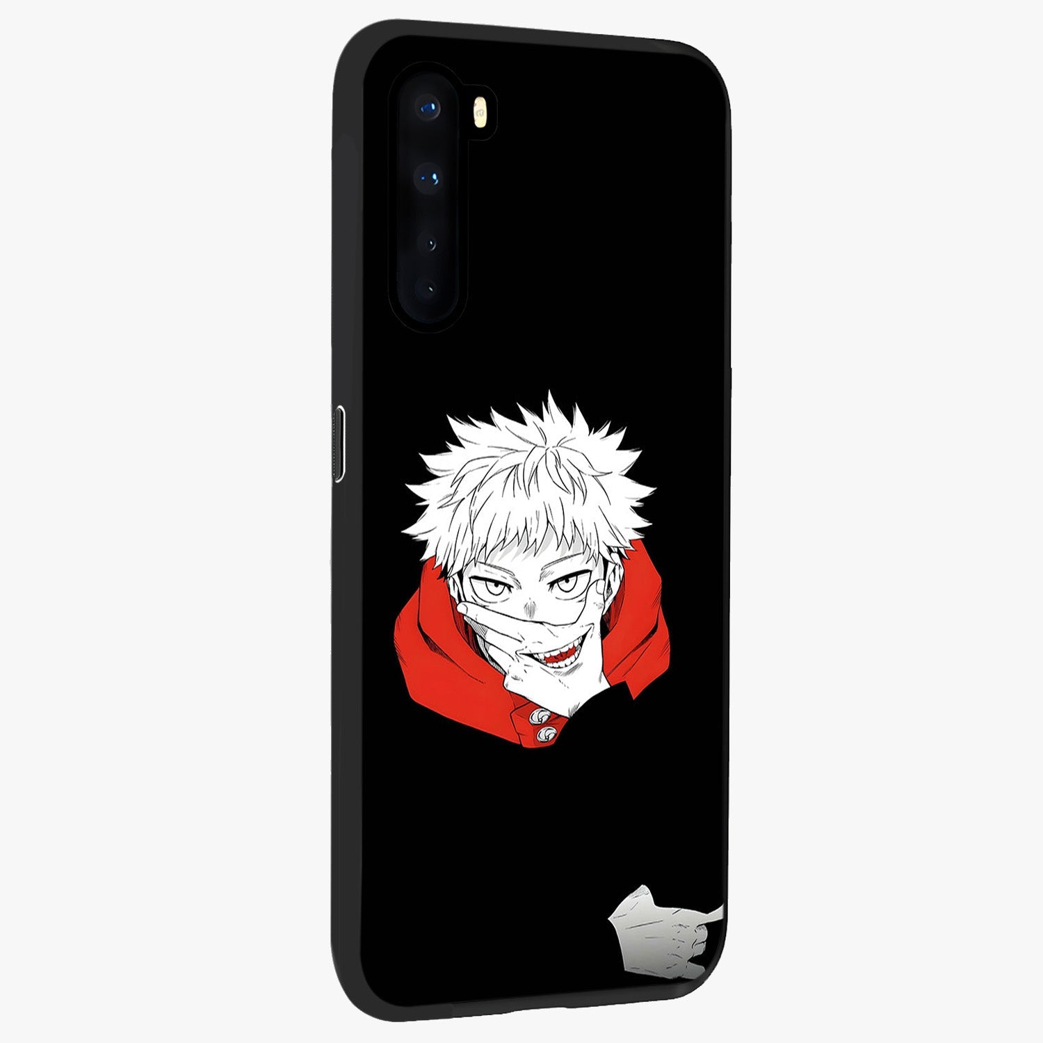 Crimson Chaos Smile Glass Case upright view showcasing expressive chaotic artwork with striking visual theme.