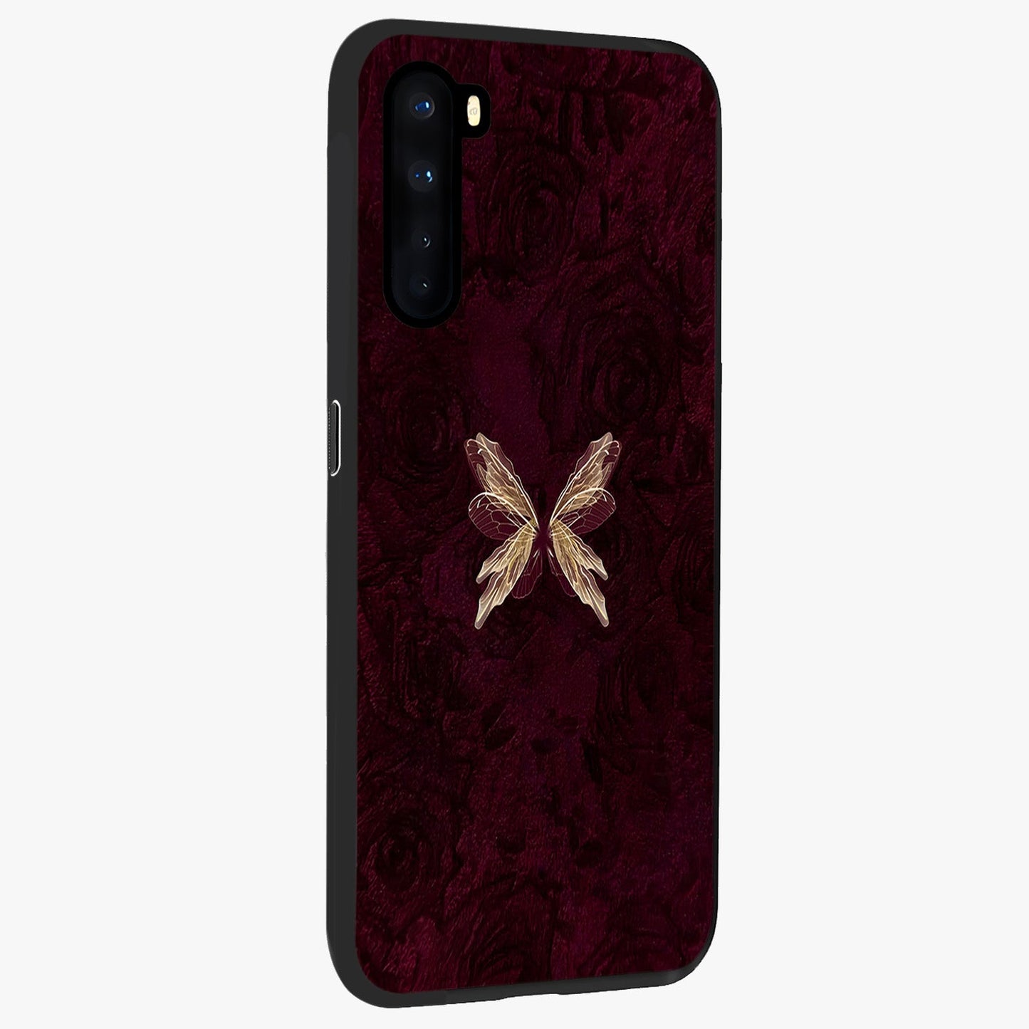 Crimson Fade Butterfly Glass Case upright view showcasing graceful butterfly artwork with soft crimson fade effect.