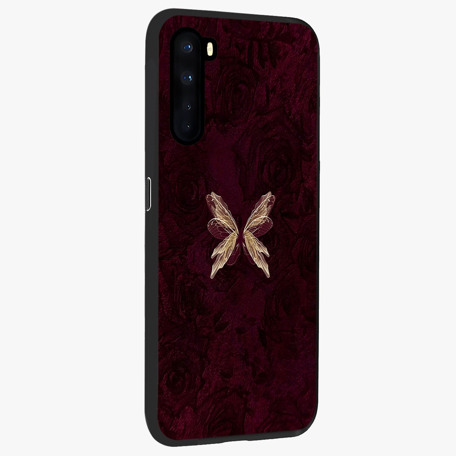 Crimson Fade Butterfly Glass Case upright view showcasing graceful butterfly artwork with soft crimson fade effect.