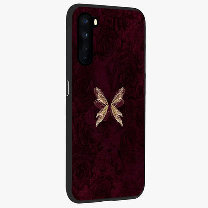 Crimson Fade Butterfly Glass Case upright view showcasing graceful butterfly artwork with soft crimson fade effect.