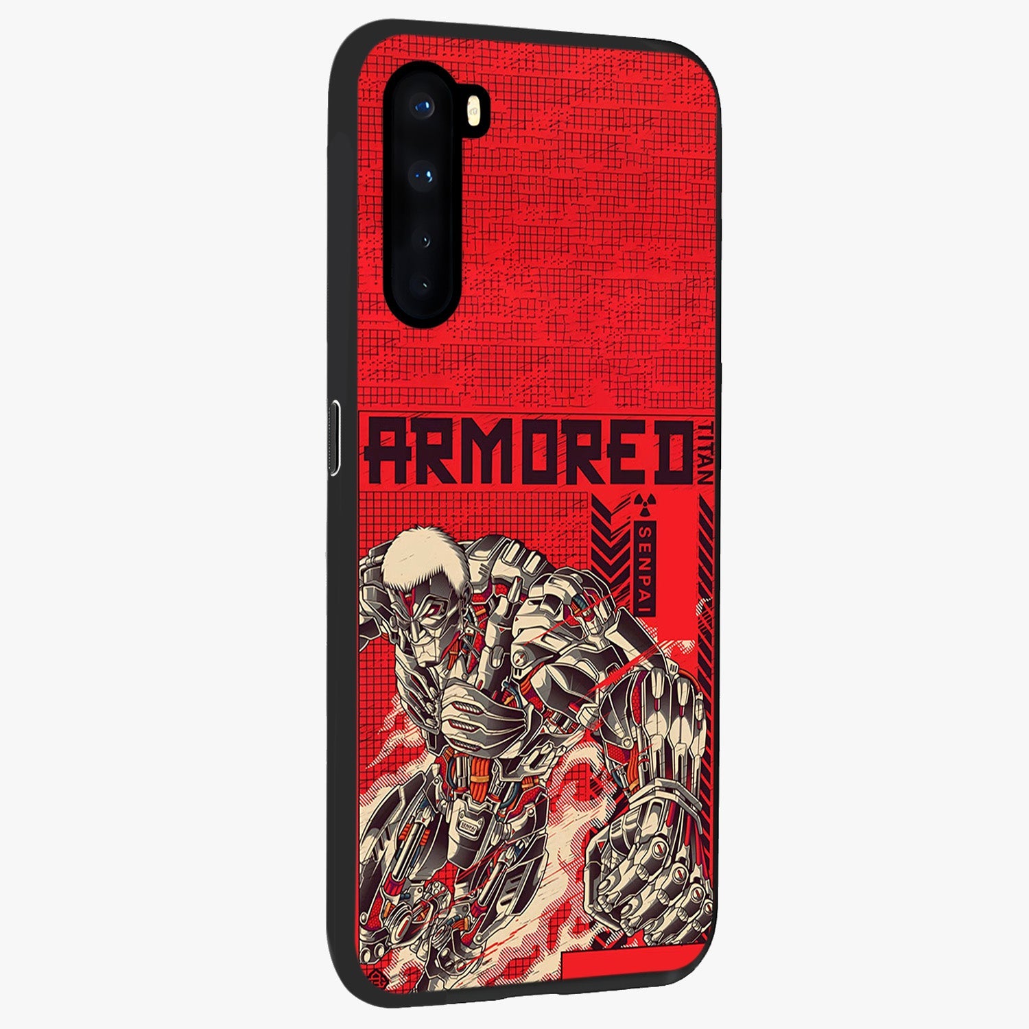 Crimson Mecha Titan Glass Case upright view showcasing dynamic robotic titan design with sci-fi inspired theme.