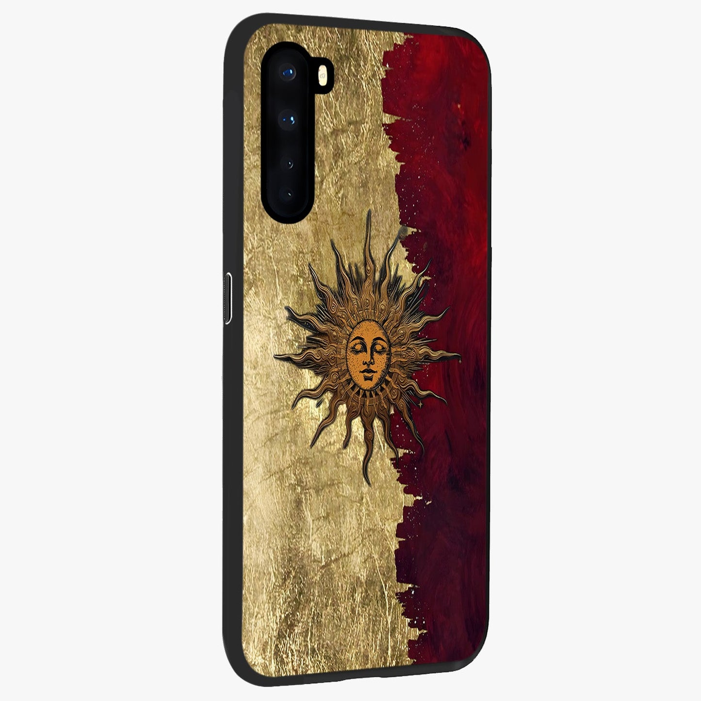 Crimson Sun Majesty Glass Case upright view showcasing vibrant sun artwork with powerful celestial theme.