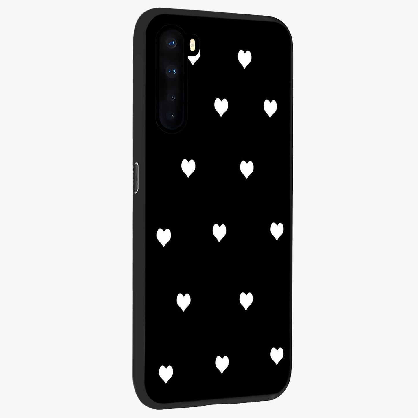Cute And Simple White Hearts Glass Case upright view showcasing simple white hearts artwork with soft minimal theme.