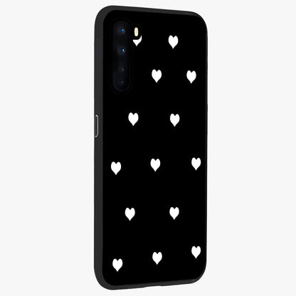 Cute And Simple White Hearts Glass Case upright view showcasing simple white hearts artwork with soft minimal theme.