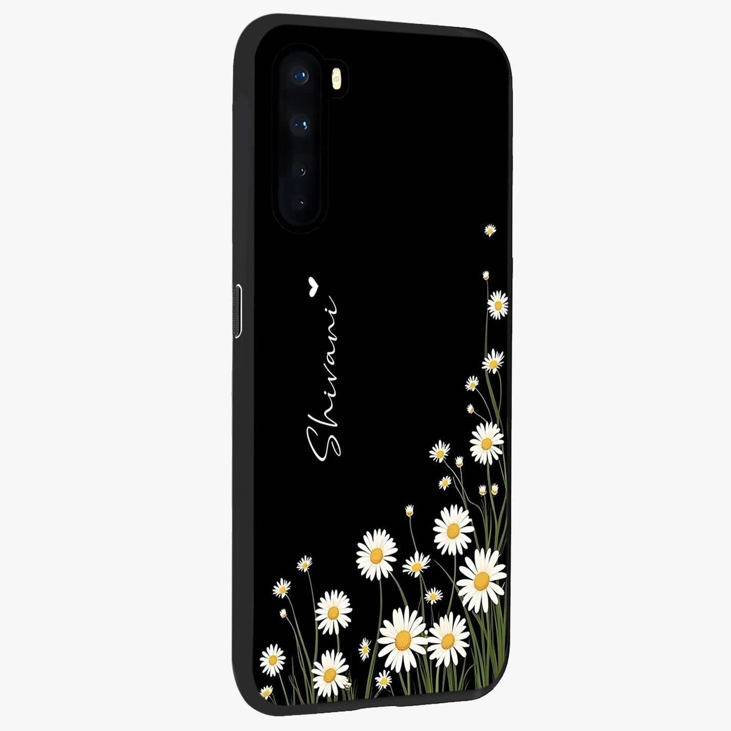 Daisy Cascade Custom Name Glass Case upright view showcasing elegant floral cascade design with personalized aesthetic.