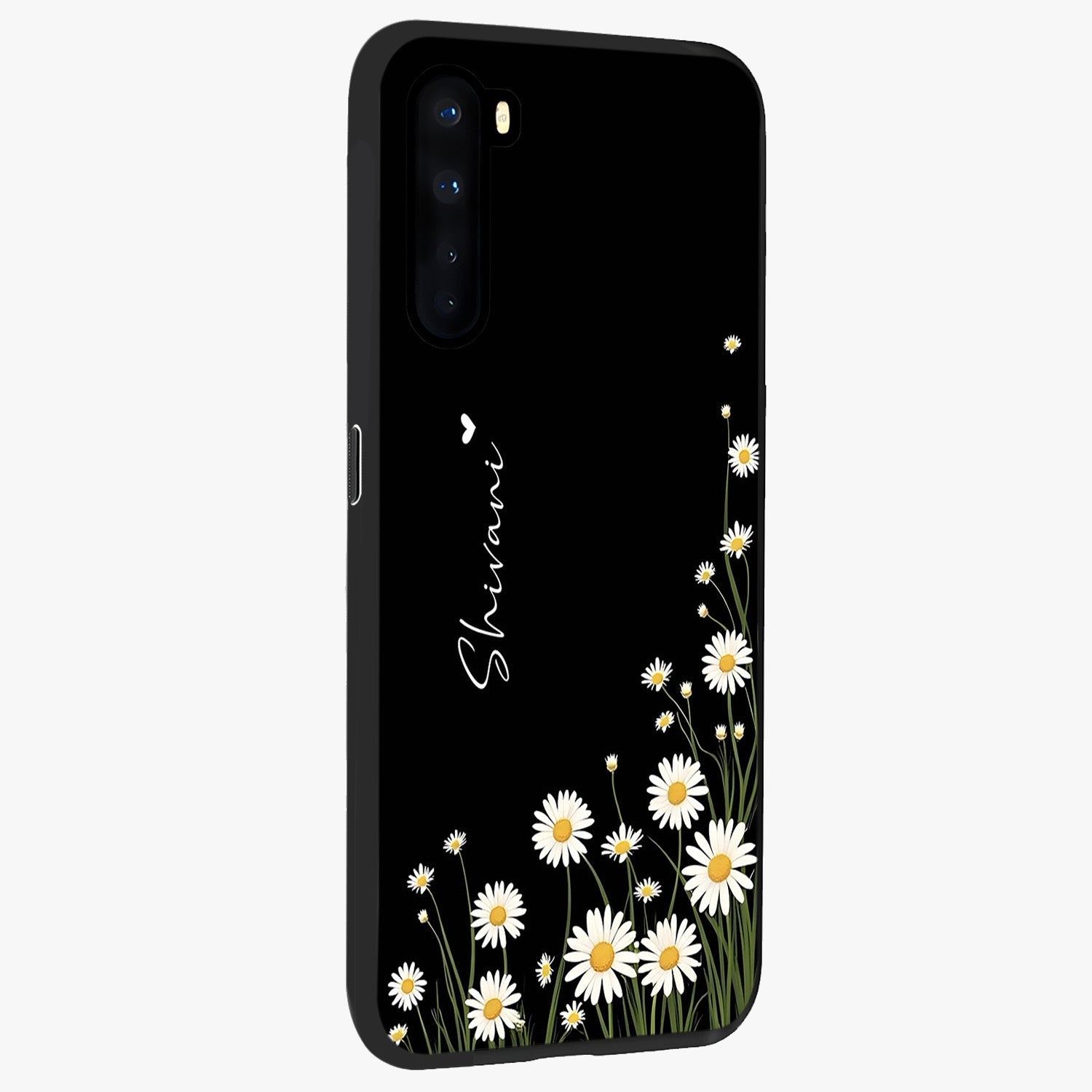 Daisy Cascade Custom Name Glass Case upright view showcasing elegant floral cascade design with personalized aesthetic.