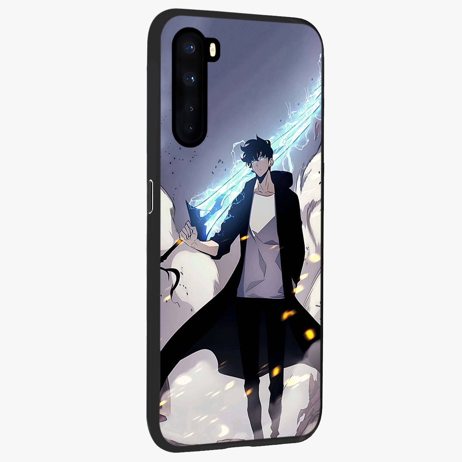 Dark Lightning Anime Warrior Glass Case upright view showcasing dramatic warrior artwork with dark lightning aesthetic.